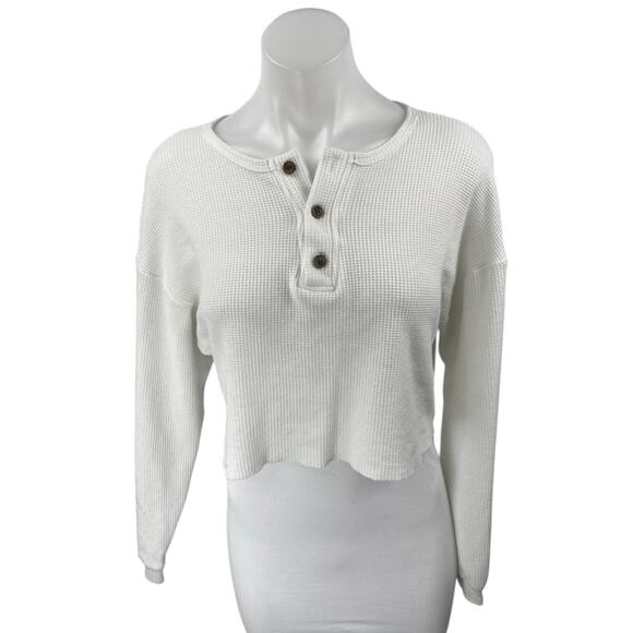 Princess Polly White Waffle Knit Long Sleeve Henley Cropped Sweater Top Size 6 - Picture 1 of 4